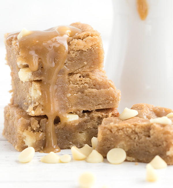 Keto White Chocolate Blondies with Sugar Free Caramel Sauce
